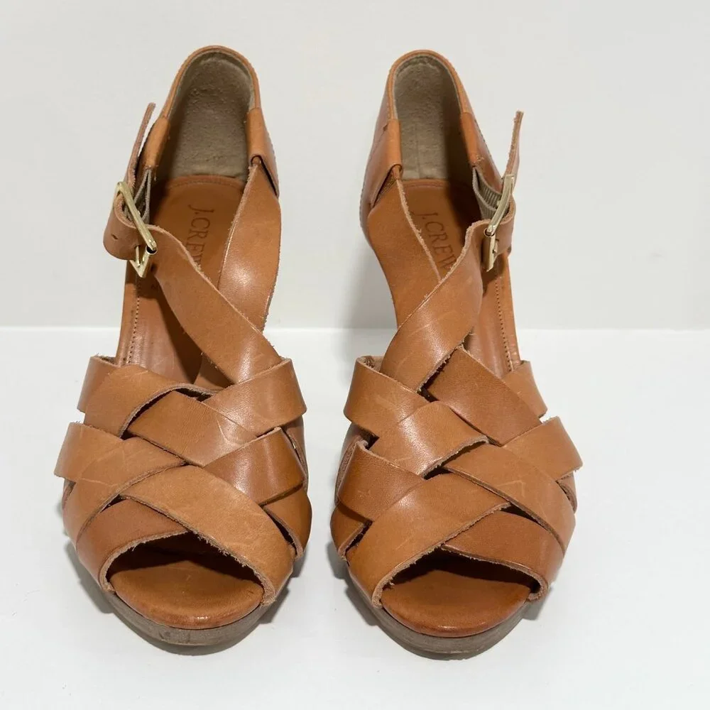 Jcrew Ares Platform Brown Tan Cognac Leather Strappy Sandal Heel Size 8